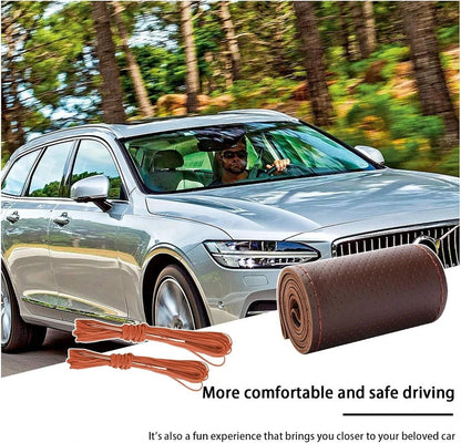 Genuine cowhide leather universal braid steering wheel cover, 38cm, with hand sewing needles and thread for a custom fit.