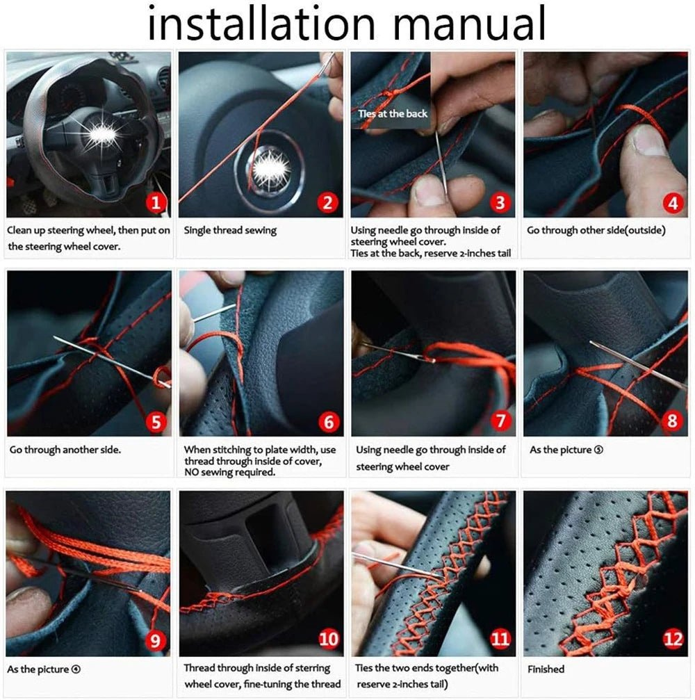 Leather universal braid steering wheel cover, 38cm size, genuine cowhide with hand sewing needles and thread, for a stylish, secure fit.