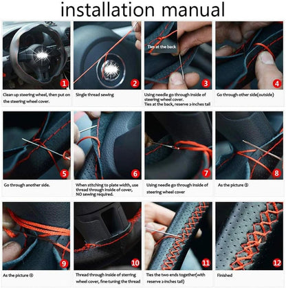 Leather universal braid steering wheel cover, 38cm size, genuine cowhide with hand sewing needles and thread, for a stylish, secure fit.