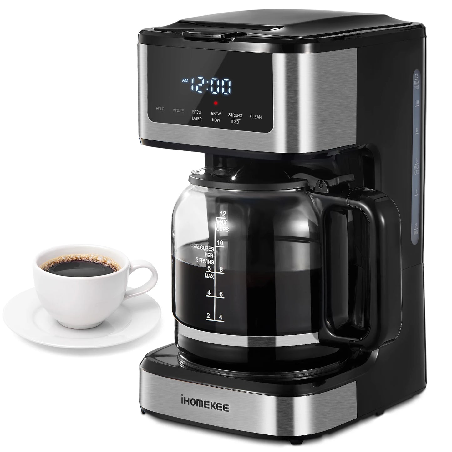 BackupMyFilesNow.com 12-cup programmable drip coffee maker with touch screen, iced coffee function, and regular or strong brew options.