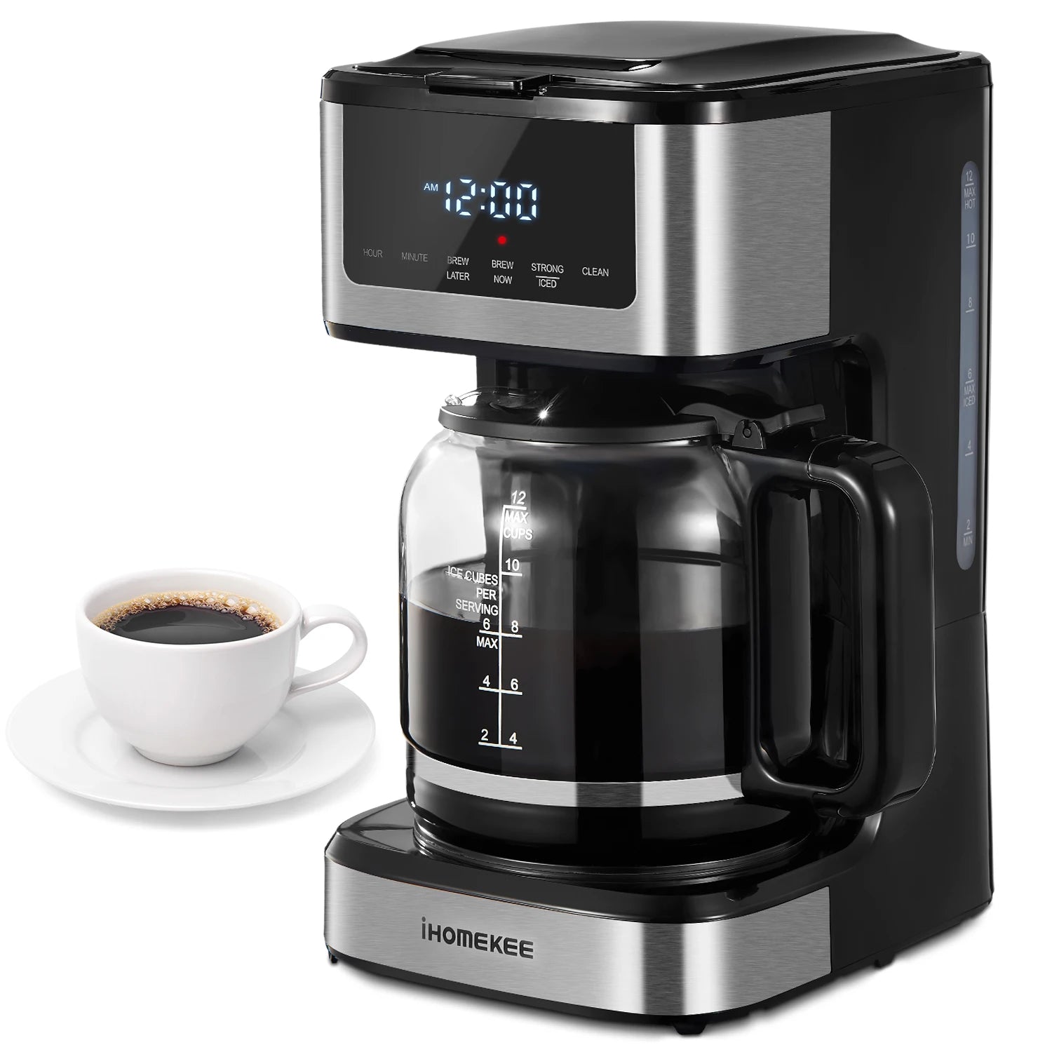 BackupMyFilesNow.com 12-cup programmable drip coffee maker with touch screen, iced coffee function, and regular or strong brew options.