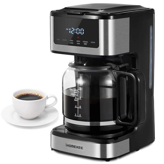 BackupMyFilesNow.com 12-cup programmable drip coffee maker with touch screen, iced coffee function, and regular or strong brew options.