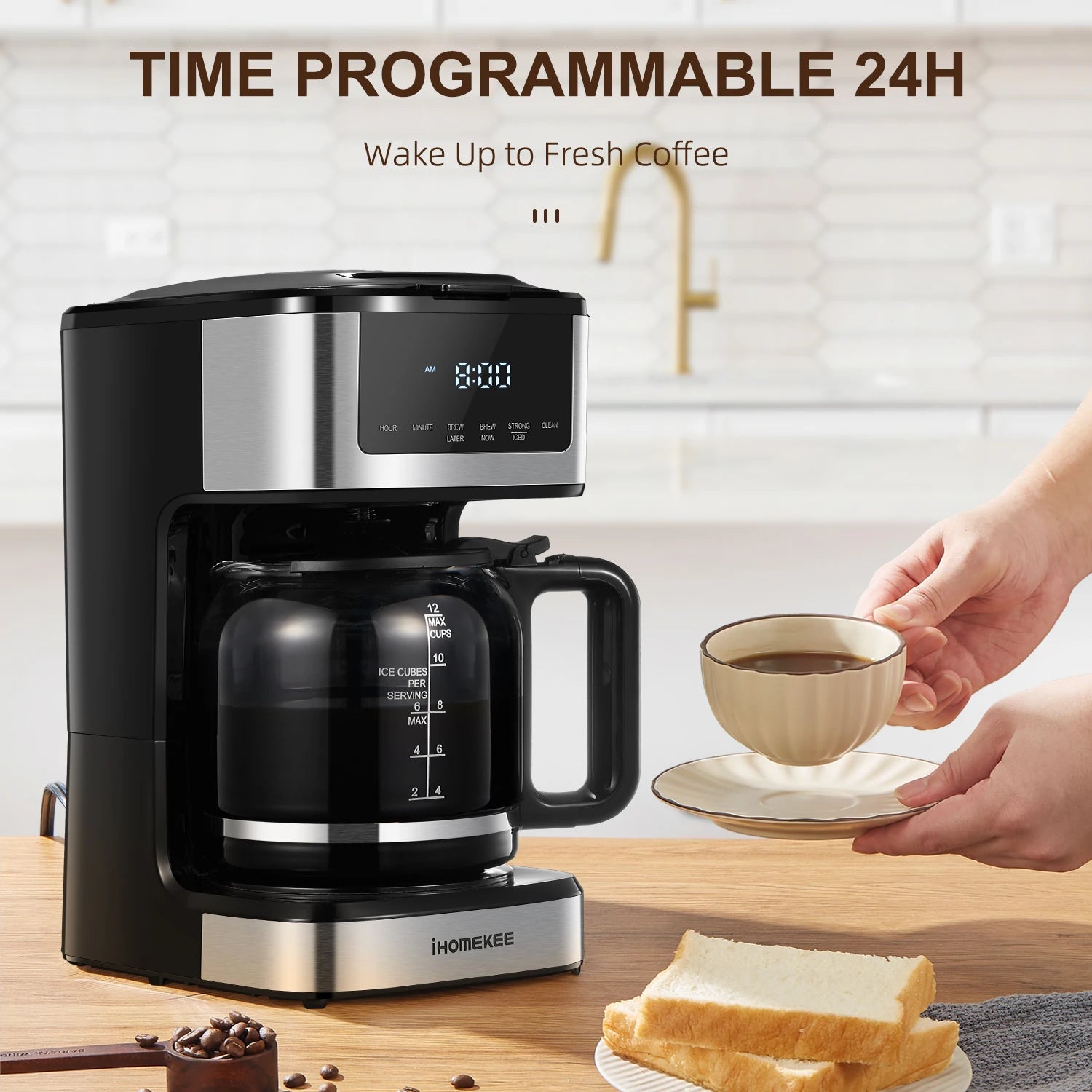 12-cup programmable drip coffee maker with touch screen, iced coffee function, and regular or strong brew options.