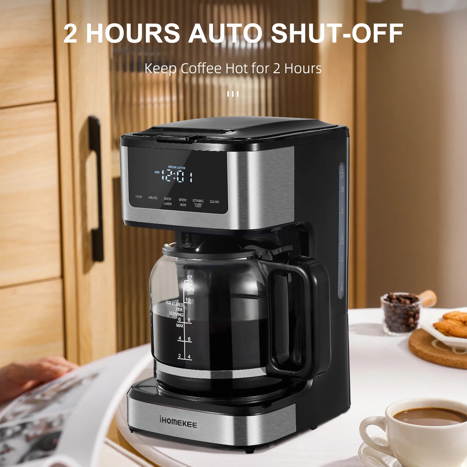 BackupMyFilesNow.com 12-cup programmable drip coffee maker with touch screen, iced coffee function, and strong brew option.