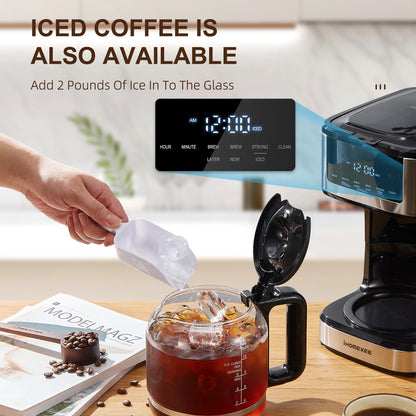 BackupMyFilesNow.com 12-cup programmable drip coffee maker with touch screen, iced coffee function, and strong brew option.