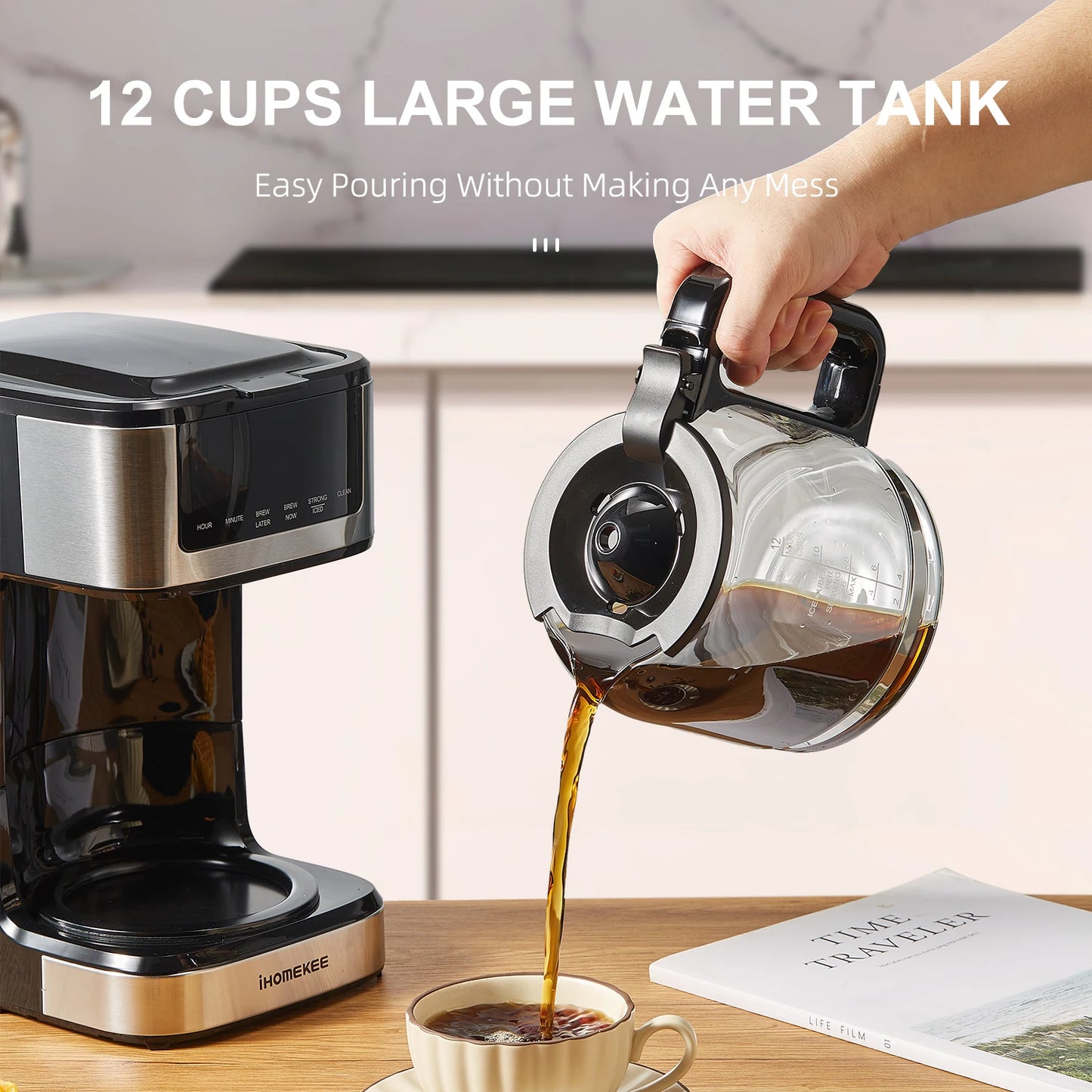 BackupMyFilesNow.com 12-cup programmable drip coffee maker with touch screen, iced coffee function, and regular or strong brew options.