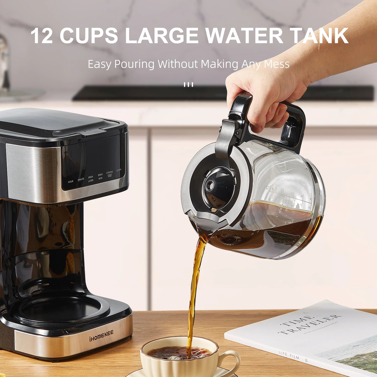 BackupMyFilesNow.com 12-cup programmable drip coffee maker with touch screen, iced coffee function, and regular or strong brew options.