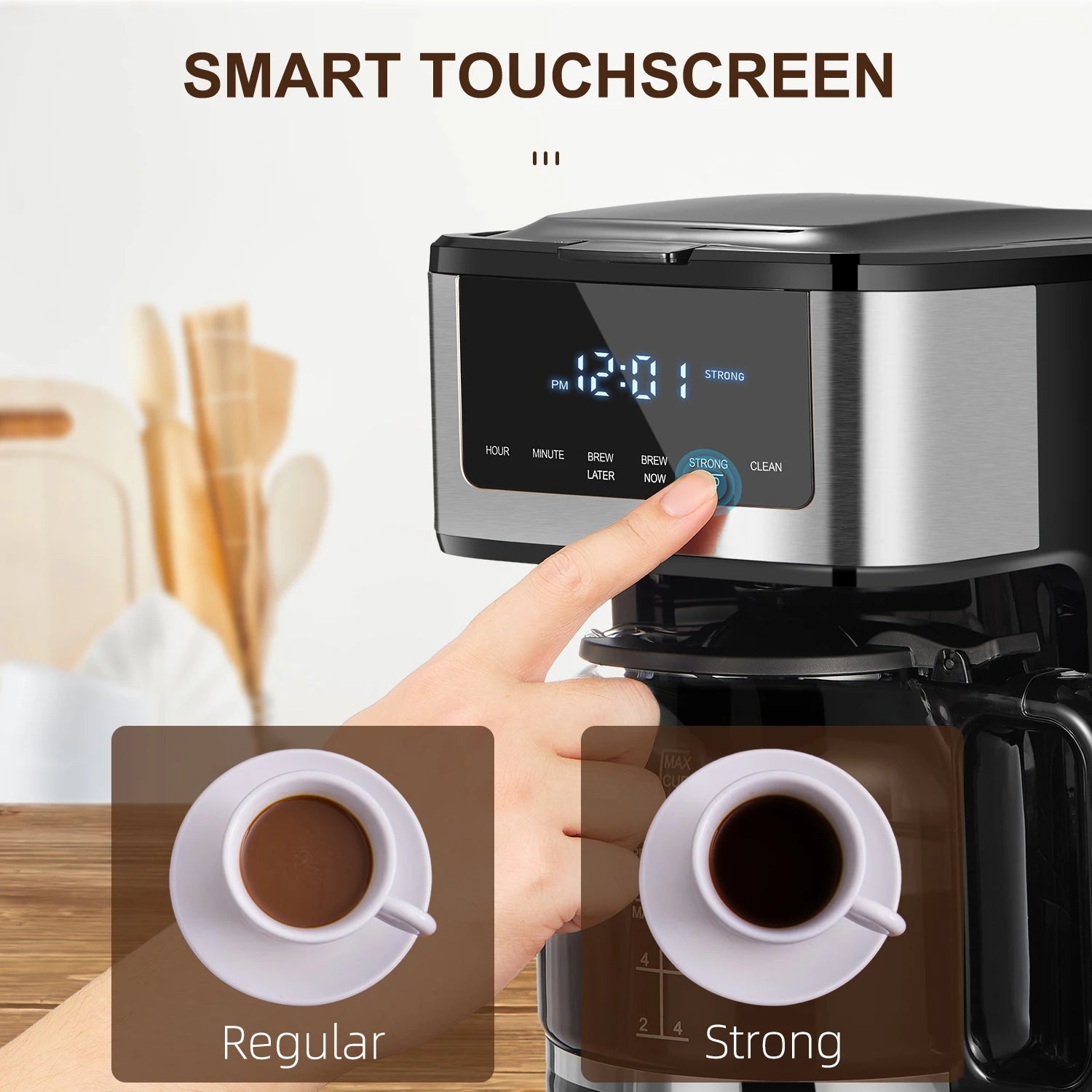 BackupMyFilesNow 12-cup programmable drip coffee maker with touch screen, iced coffee function, and regular or strong brew options.