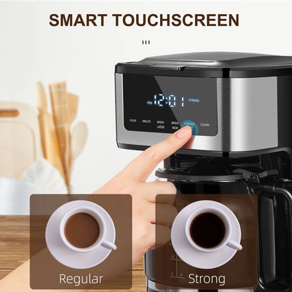 BackupMyFilesNow 12-cup programmable drip coffee maker with touch screen, iced coffee function, and regular or strong brew options.