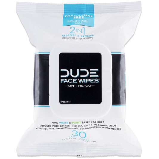 BackupMyFilesNow DUDE Wipes 30-pack of unscented face and body wipes with sea salt and aloe, alcohol-free and hypoallergenic.