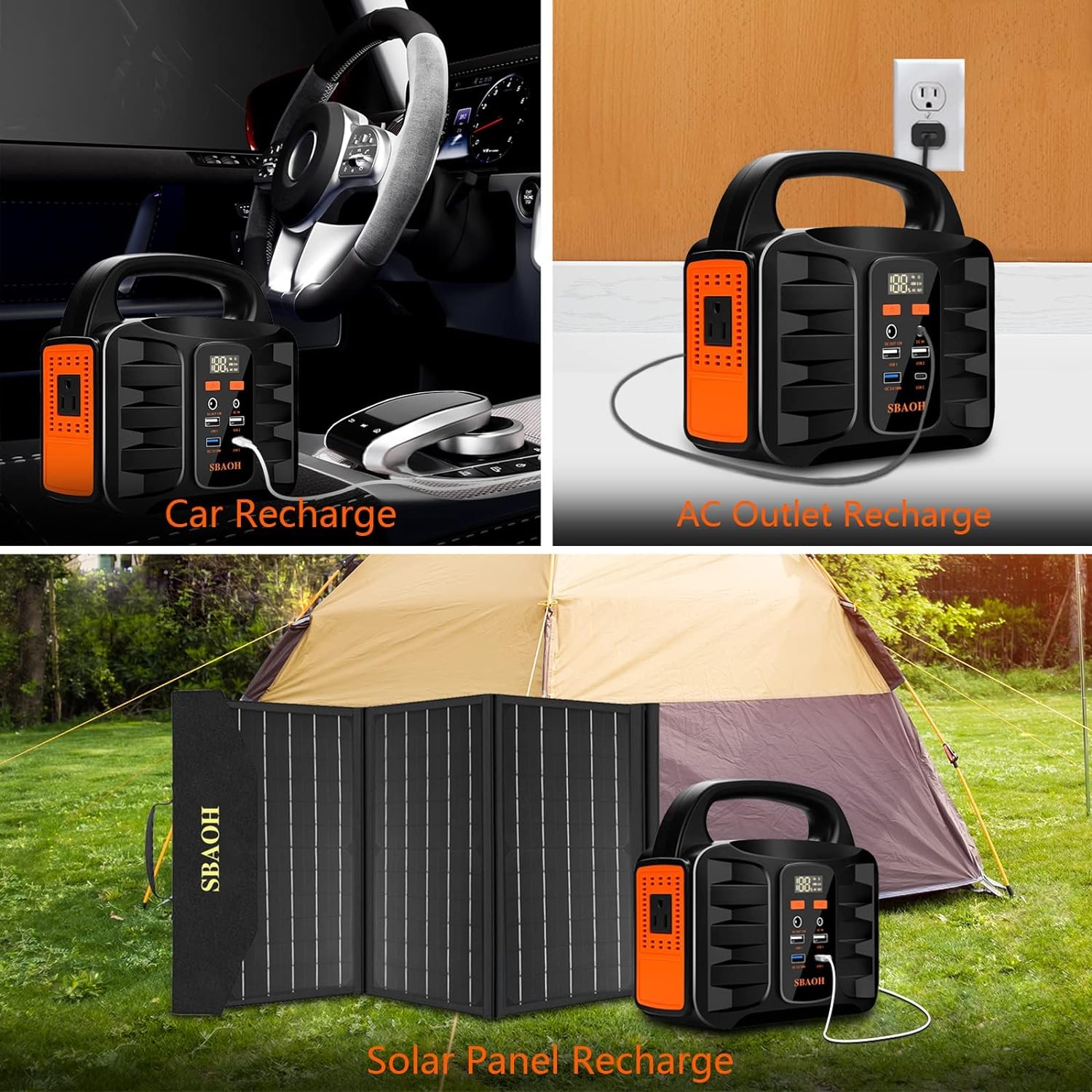 Portable power station by BACKUPMYFILESNOW.COM® with multiple USB ports and AC outlets, compact and portable for on-the-go charging.