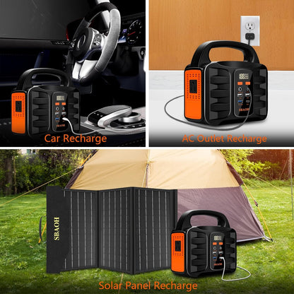 Portable power station by BACKUPMYFILESNOW.COM® with multiple USB ports and AC outlets, compact and portable for on-the-go charging.