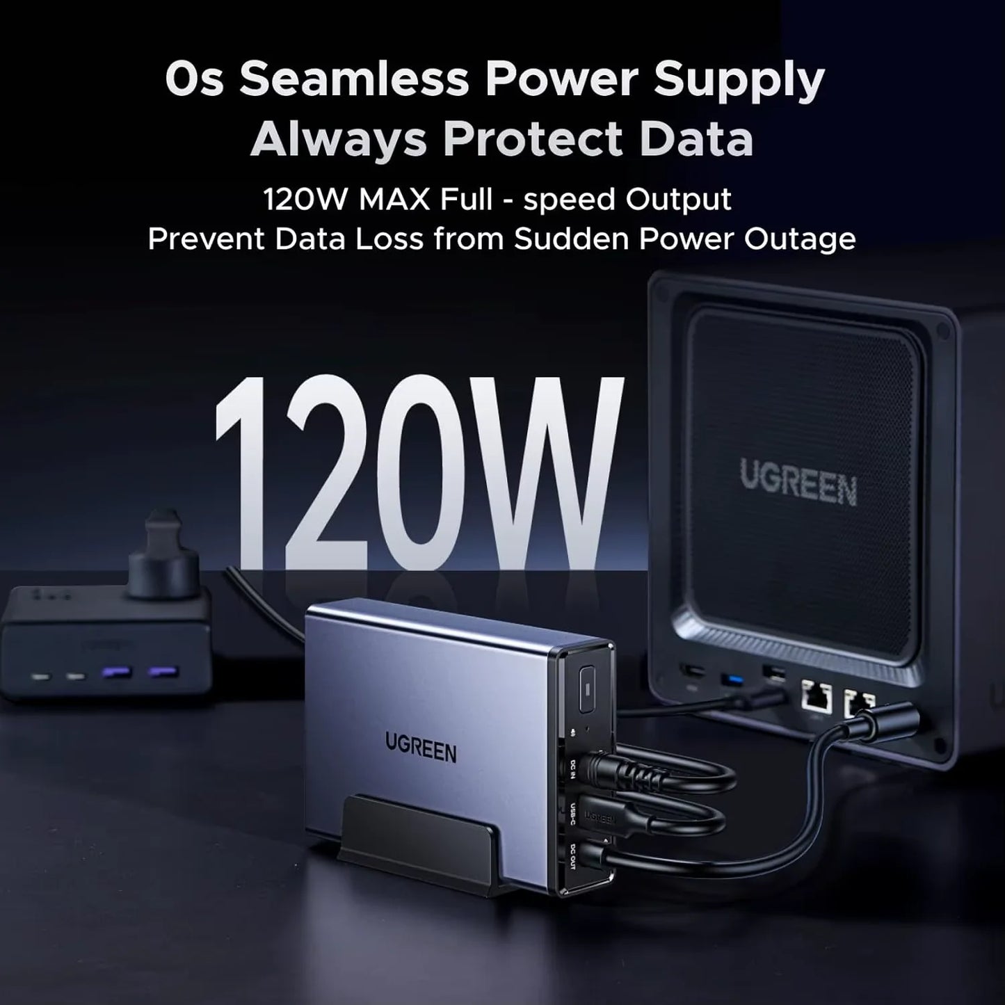 UGREEN US3000 UPS Battery Backup for NAS, 12000mAh, 120W uninterruptible power supply with power cable and ports.