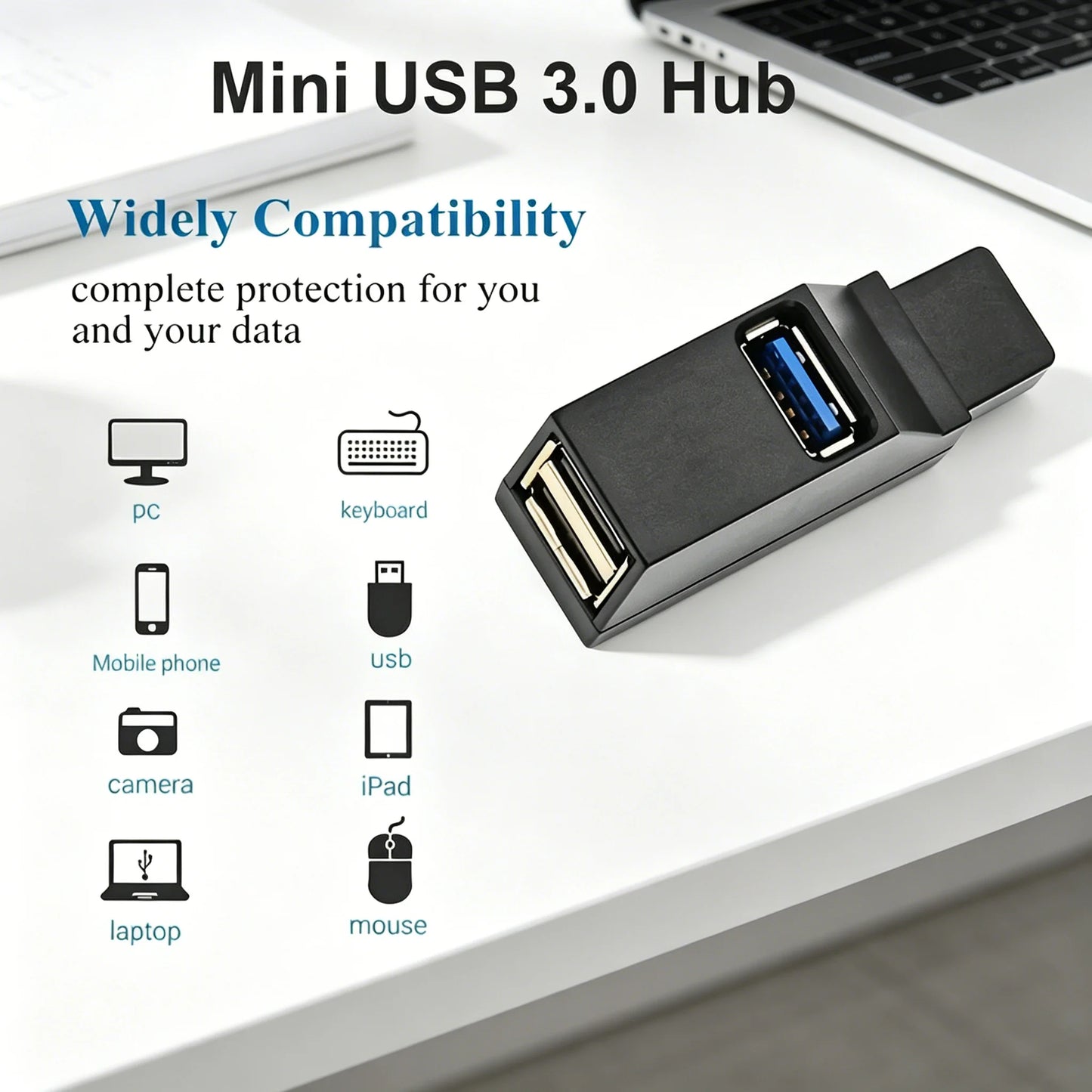 USB 3.0 2.0 rotatable 3-port hub splitter for PC, laptop, and MacBook, enabling high-speed data transfer and device expansion.