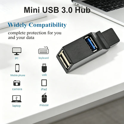 USB 3.0 2.0 rotatable 3-port hub splitter for PC, laptop, and MacBook, enabling high-speed data transfer and device expansion.