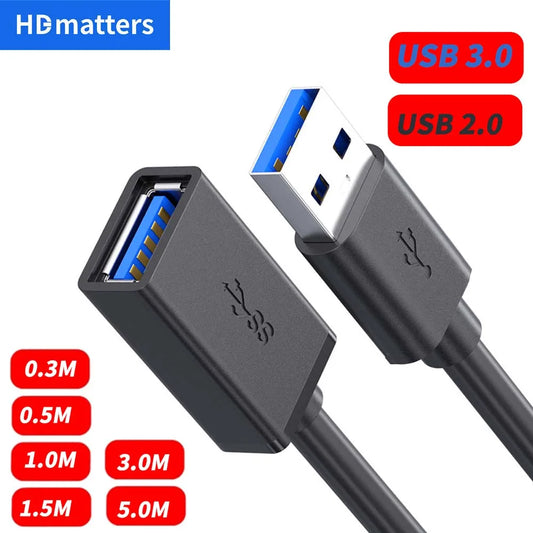 USB 3.0 and 2.0 extension cable with Type A male to female connectors, used for extending USB device connections.