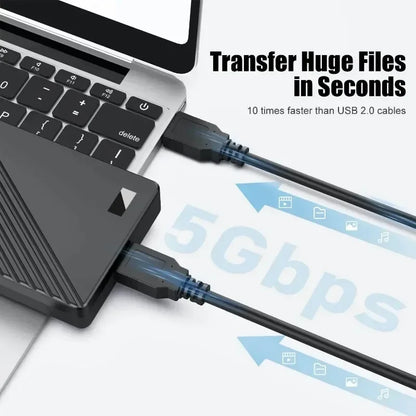 Black USB 3.0 A male extension cable for hard drives, DVDs, laptops, and coolers, supporting high-speed data transfer.