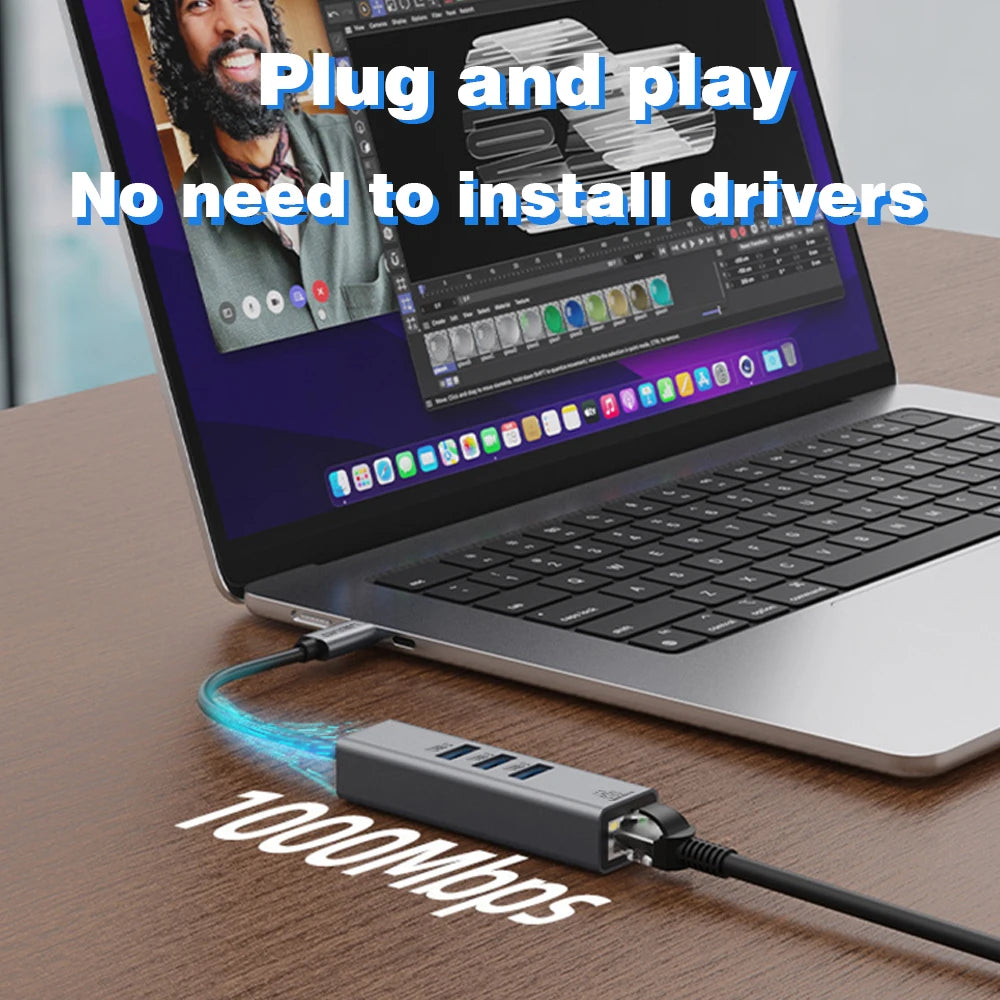 USB C Hub Docking Station with Ethernet port, USB 3.0 ports, and 100W charging for laptops and desktop computers.