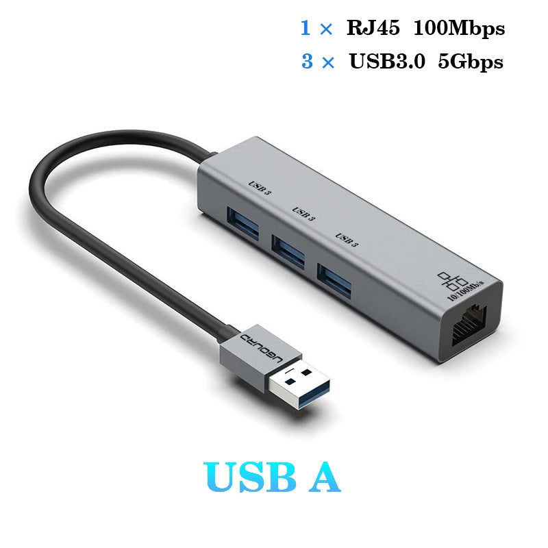 USB C hub docking station with Ethernet RJ45 port, USB 3.0 ports, and 100W charging for laptops and devices.