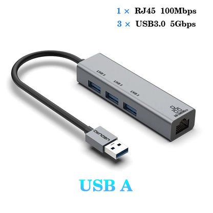 USB C hub docking station with Ethernet RJ45 port, USB 3.0 ports, and 100W charging for laptops and devices.