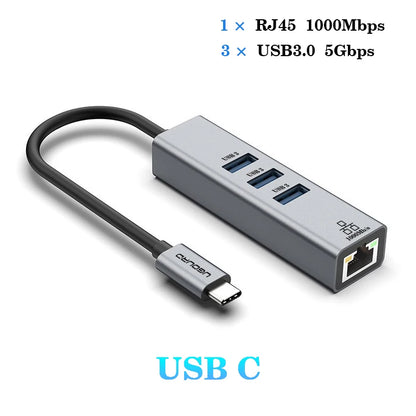 USB C hub docking station with Ethernet RJ45 port, USB 3.0 ports, and 100W charging for device extension and fast network access.