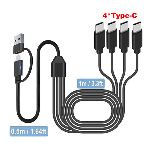 USB C splitter cable with four Type-C connectors for charging cell phones and tablets, compatible with USB A and C devices.