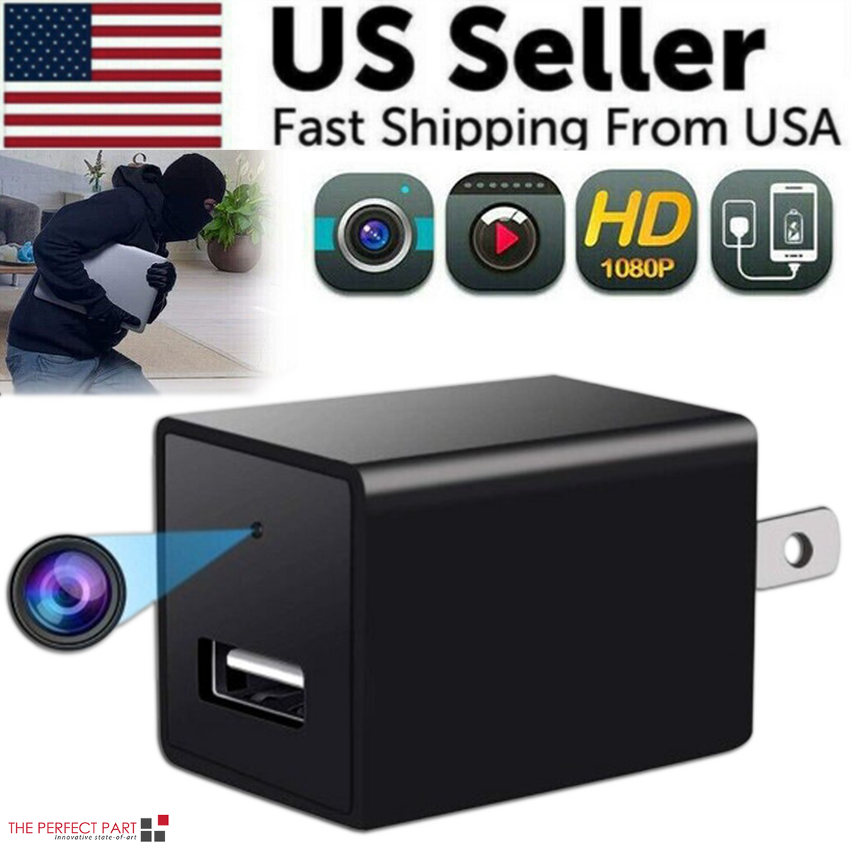 Mini hidden security camera by BackupMyFilesNow.com showing a compact device with night vision, full HD 1080P video, and audio recording.