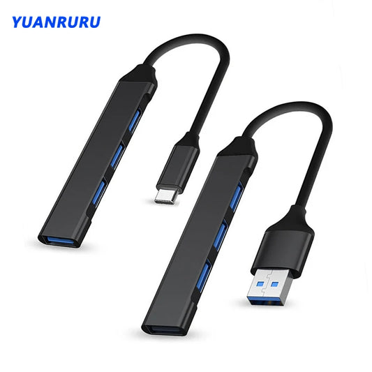 Gray USB 3.0 hub with 4 ports and Type-C splitter, high-speed 5Gbps, designed for PC and computer accessories.