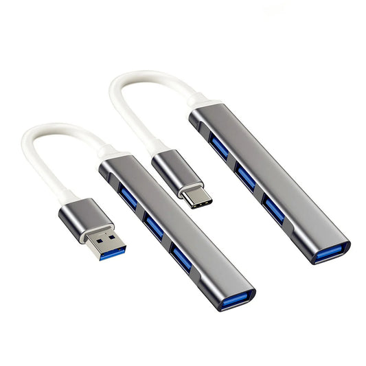 Silver USB 3.0 Hub with 4 ports and Type C splitter, high-speed 5Gbps, compatible with PC and computer accessories.