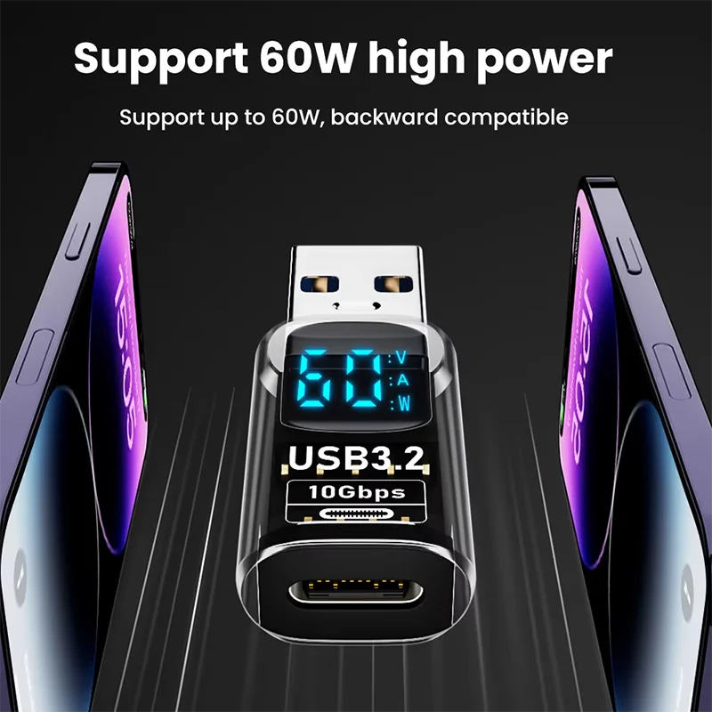 USB 3.2 digital display adapter with USB male to female connection, fast data transfer, charging, and compatible with PC and laptops.