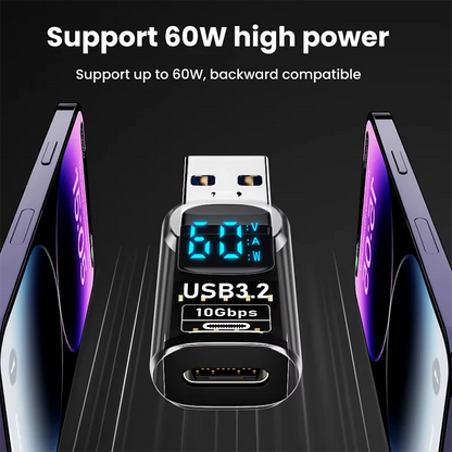 USB 3.2 digital display adapter with USB male to female connection, fast data transfer, charging, and compatible with PC and laptops.