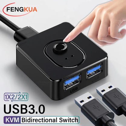BackupMyFilesNow USB 3.0 KVM switch showing ports for connecting multiple PCs, keyboard, mouse, and printer with bidirectional USB sharing.