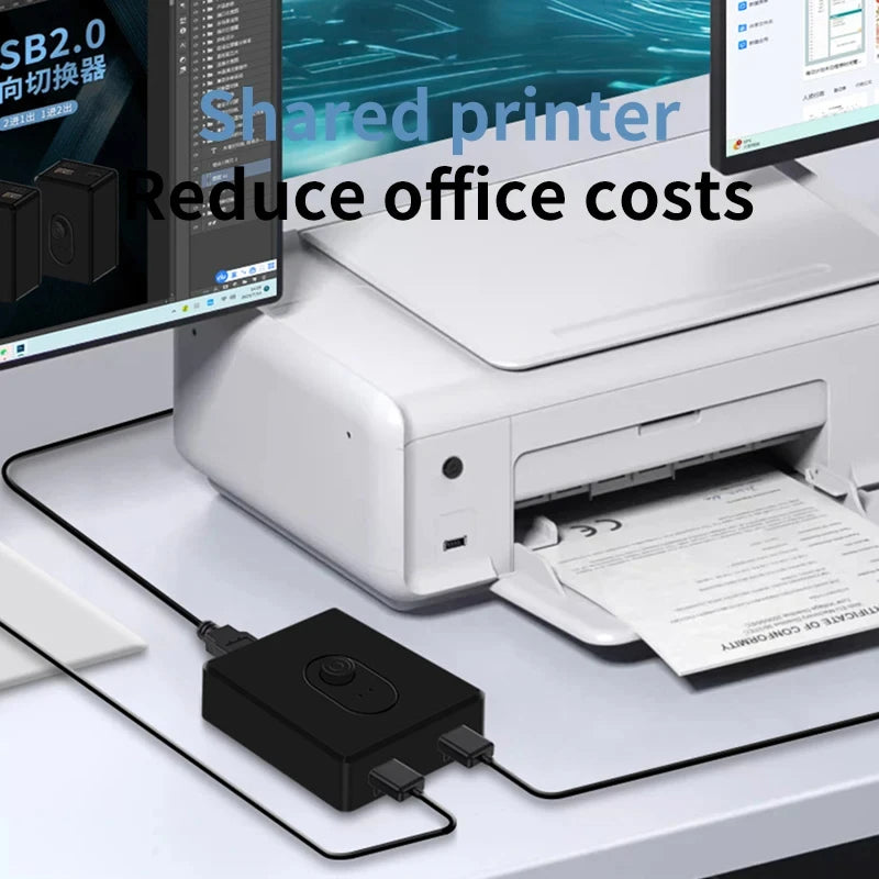 USB 3.0 KVM switch sharing keyboard, mouse, and printer between PCs, with USB hub and bidirectional USB 2.0 support.