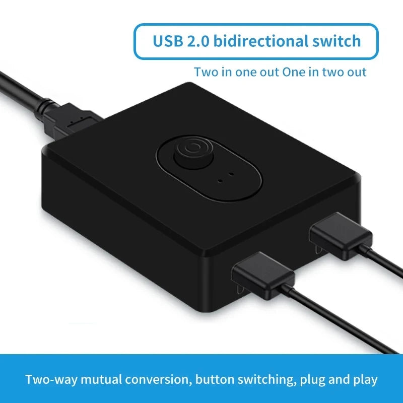 USB 3.0 KVM switch with 1x2/2x1 configuration, includes USB hub, keyboard, mouse, and printer connections for PC.