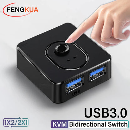 BackupMyFilesNow USB 3.0 KVM switch showing ports for keyboard, mouse, and printer with black and gray device in use.
