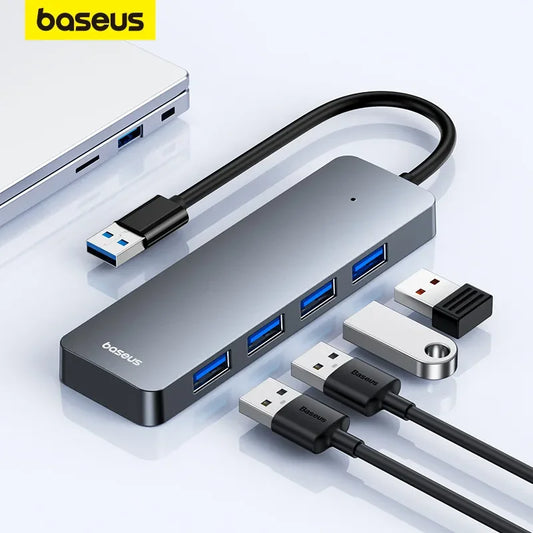 Grey Baseus 4-port USB 3.0 hub connecting laptops like Xiaomi, Lenovo, MacBook, and PC with multi-splitter adapter for accessories.