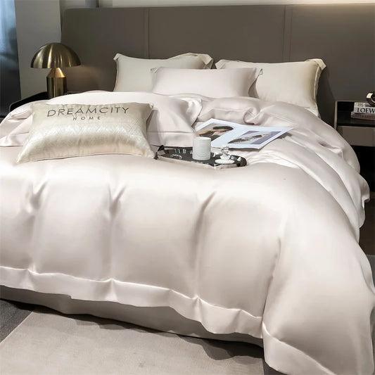 Silky 100% bamboo bedding set in vanilla color, king size with duvet cover, bed sheet, and pillowcases, luxury cooling organic bamboo linen.