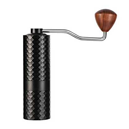 Black manual coffee grinder from BACKUPMYFILESNOW.COM® with a sleek design and adjustable grind settings.