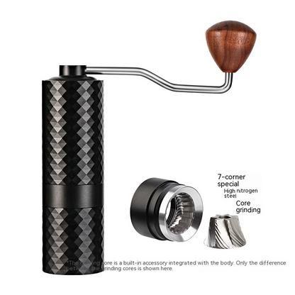 Black manual coffee grinder by BACKUPMYFILESNOW.COM® with a sleek design and adjustable grind settings.