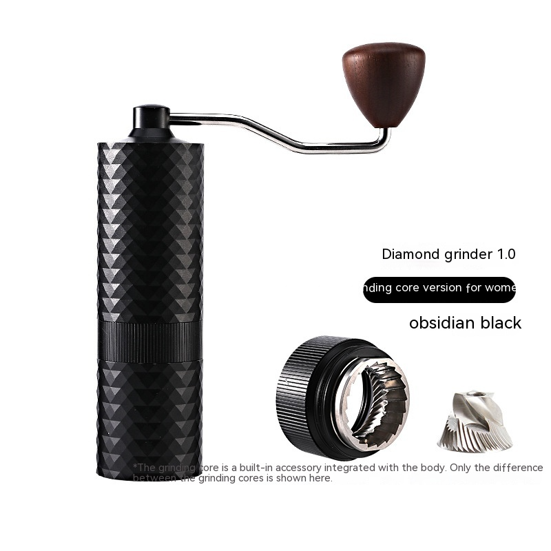 Black manual coffee grinder by BACKUPMYFILESNOW.COM® with a sleek design and durable handle for fresh coffee grounds.