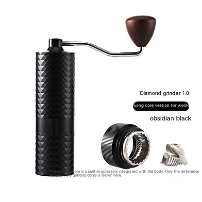 Black manual coffee grinder by BACKUPMYFILESNOW.COM® with a sleek design and durable handle for fresh coffee grounds.