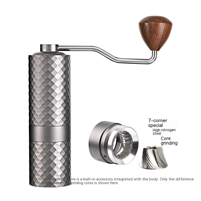 Black manual coffee grinder by BACKUPMYFILESNOW.COM® with a sleek design and textured grip for precise coffee milling.