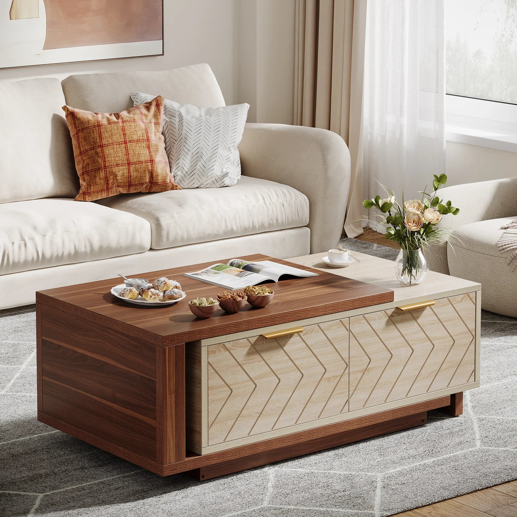 Extendable walnut and oak Tribesigns coffee table with 2 storage drawers, adjustable length from 42 to 65 inches, reversible wood surface.