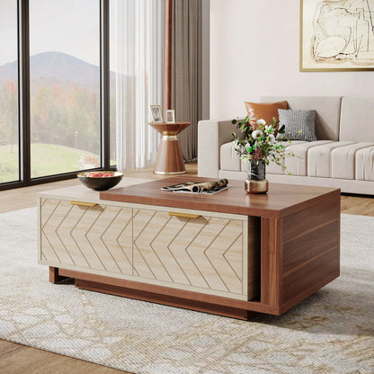Extendable walnut and oak Tribesigns coffee table with 2 storage drawers, adjustable length from 42 to 65 inches, reversible wood surface.