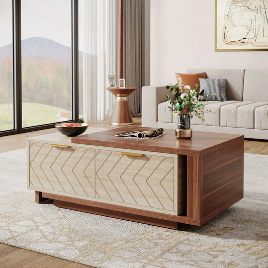 Extendable walnut and oak Tribesigns coffee table with 2 storage drawers, adjustable length from 42 to 65 inches, reversible wood surface.