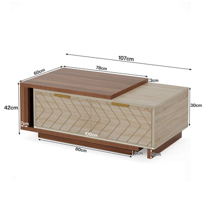 Extendable Tribesigns walnut and oak coffee table with 2 storage drawers, adjustable length from 42 to 65 inches, reversible wood design.