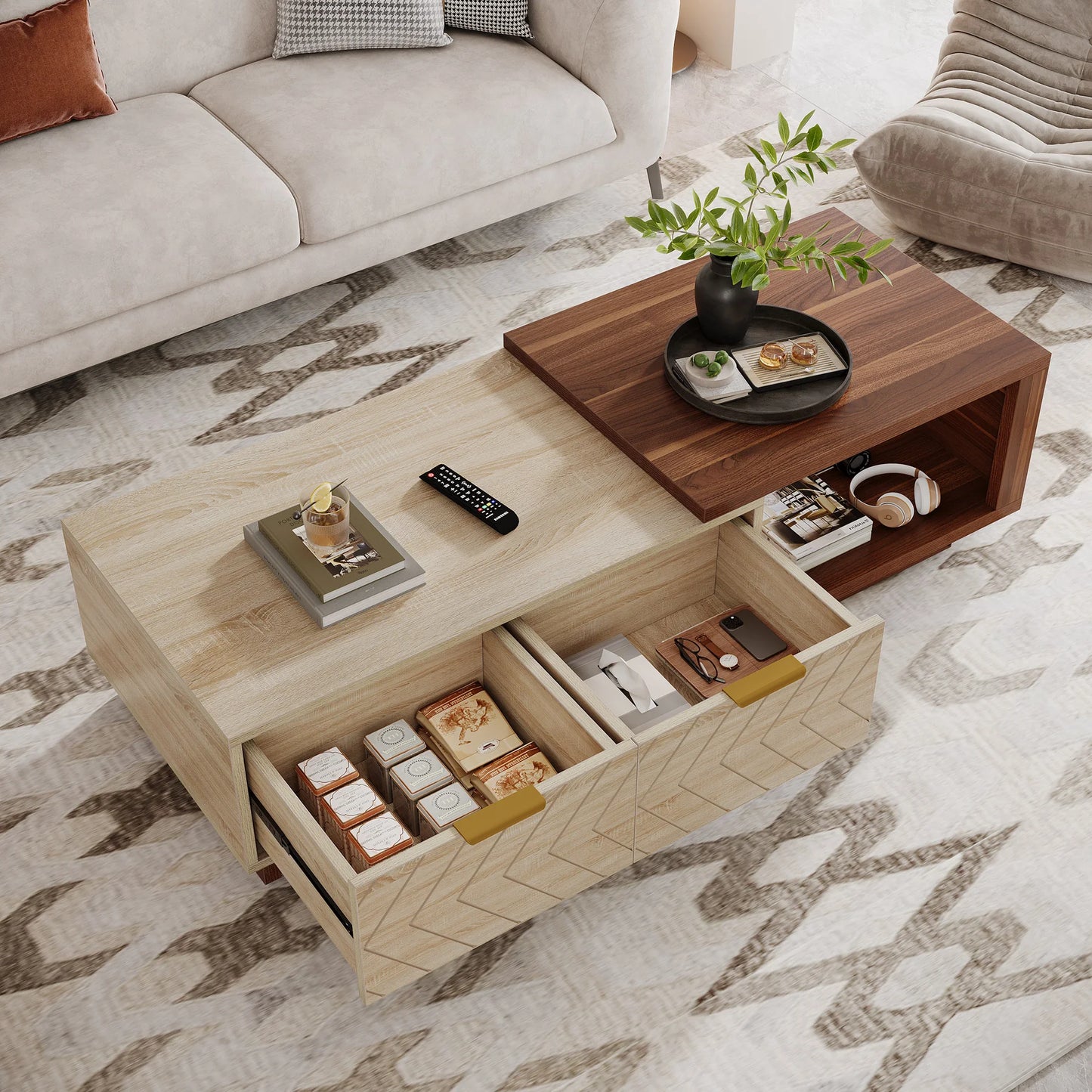 Extendable Tribesigns coffee table in walnut and oak with adjustable length and two storage drawers, versatile and stylish for living rooms.