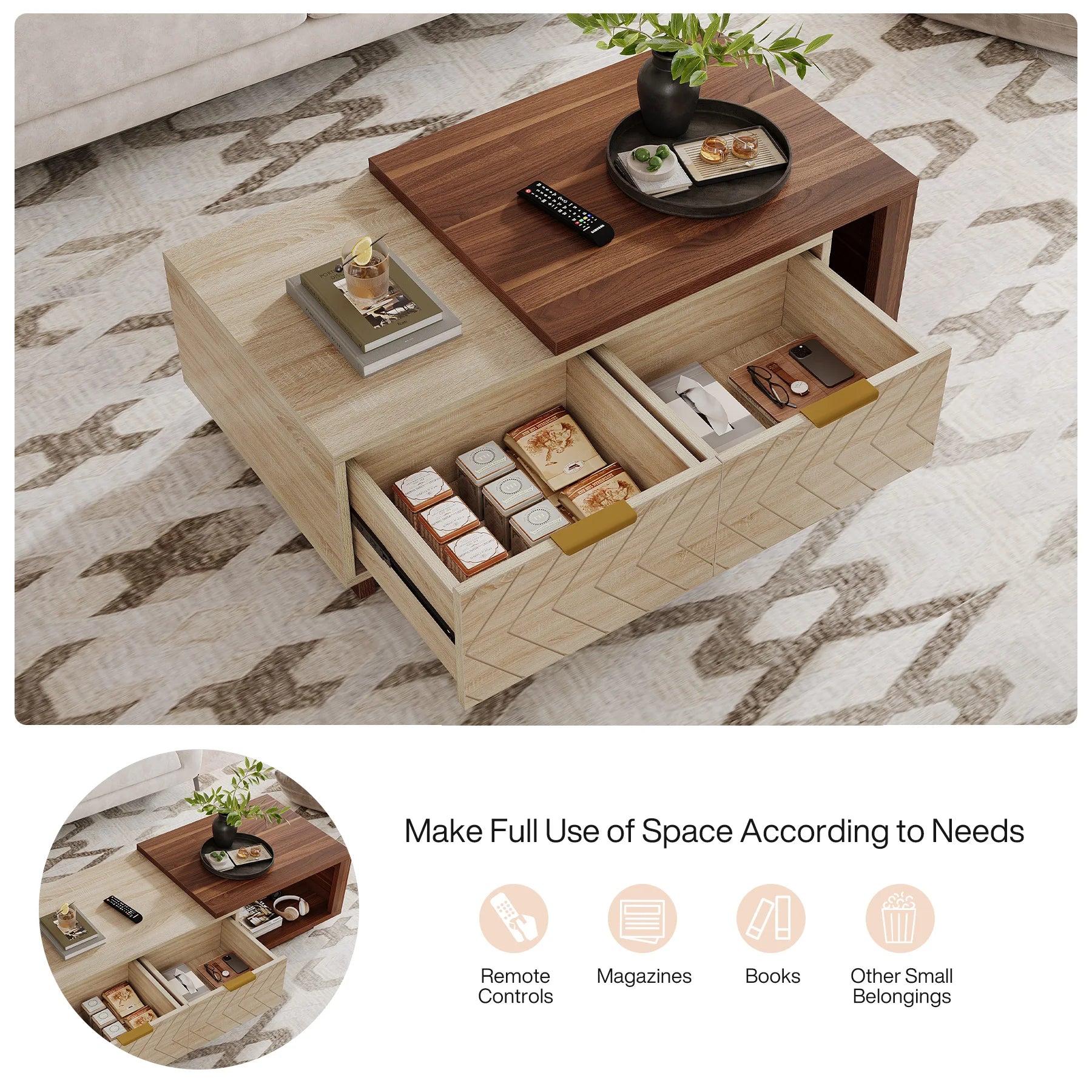 Extendable Tribesigns wood coffee table with adjustable length, walnut and oak finish, reversible top, and two storage drawers.