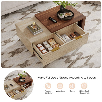 Extendable Tribesigns wood coffee table with adjustable length, walnut and oak finish, reversible top, and two storage drawers.