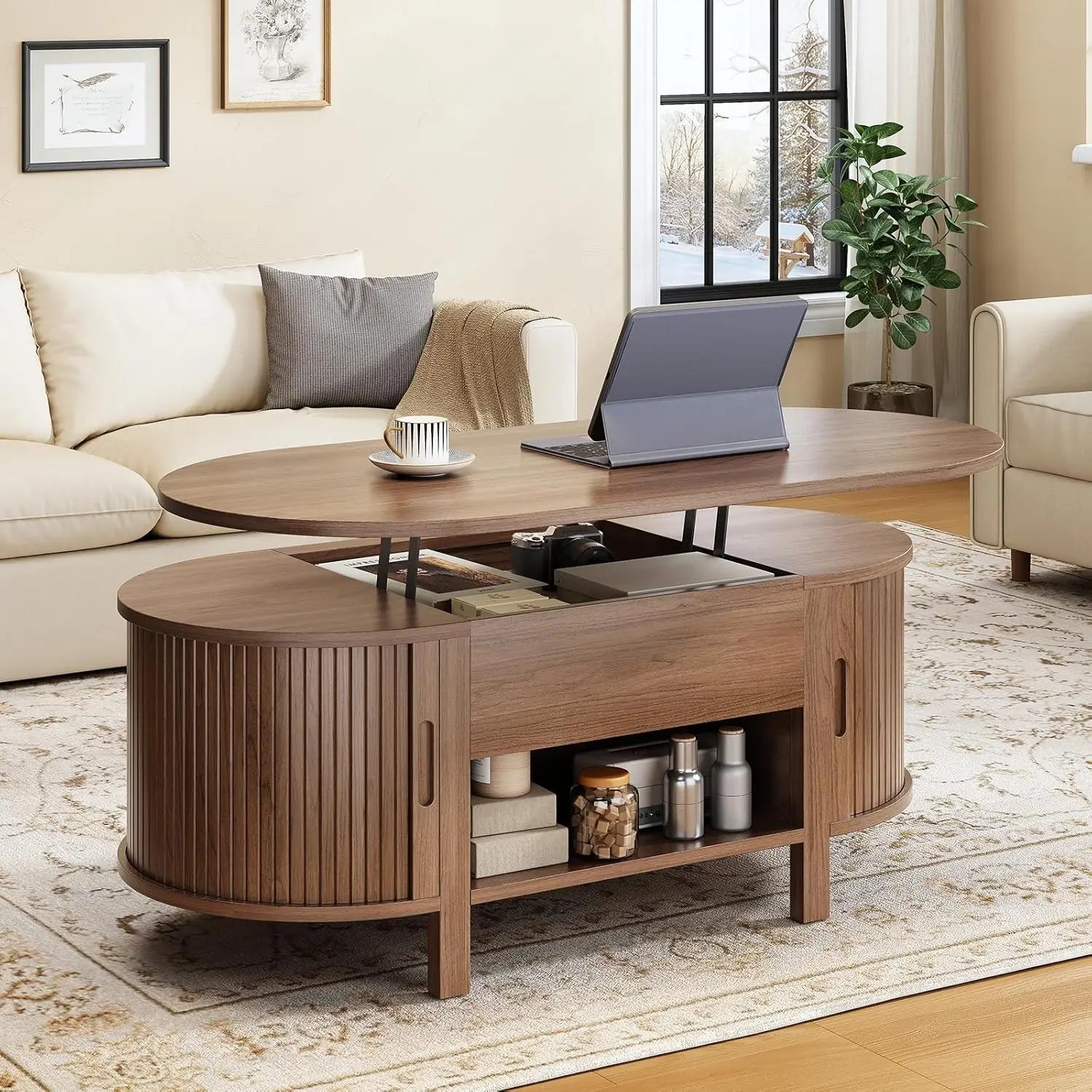 Walnut 43.3-inch oval lift top coffee table with hidden compartment, fluted wood surface, sliding door, and customizable design.